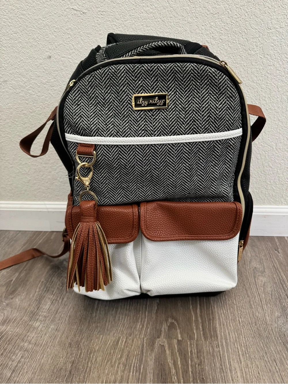 Itzy Ritzy Black White Brown Herringbone Diaper Backpack Set